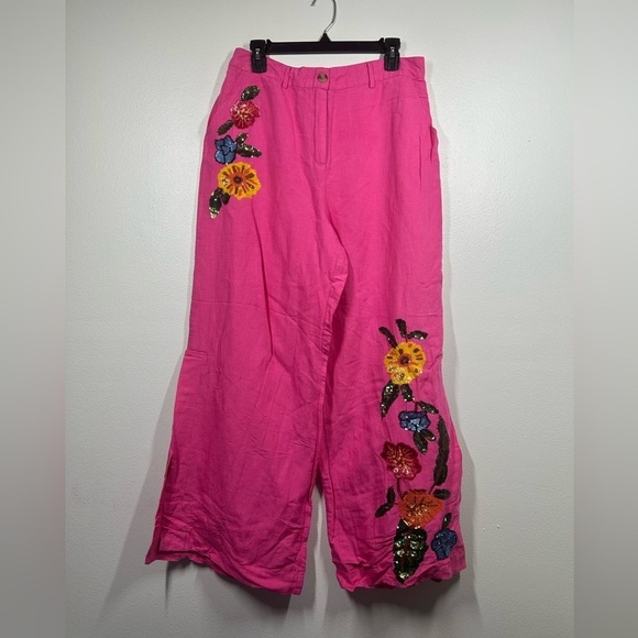 Boston Proper Floral Embellished Linen Pant Pink Multi Colored Sequins Size 12 - Picture 1 of 11